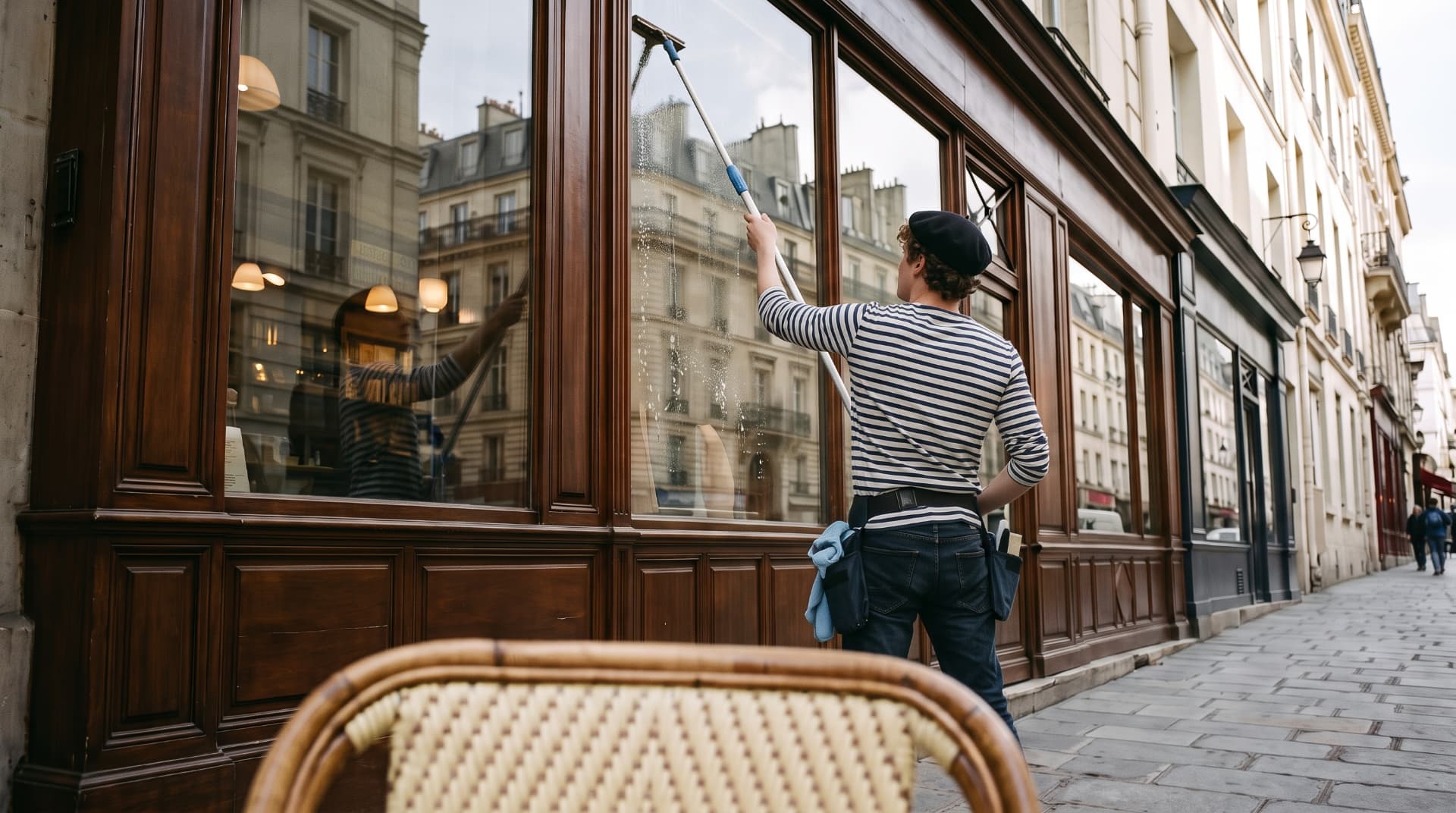 Artisan en béret et marinière nettoyant la vitrine d’un café parisien à la perche
